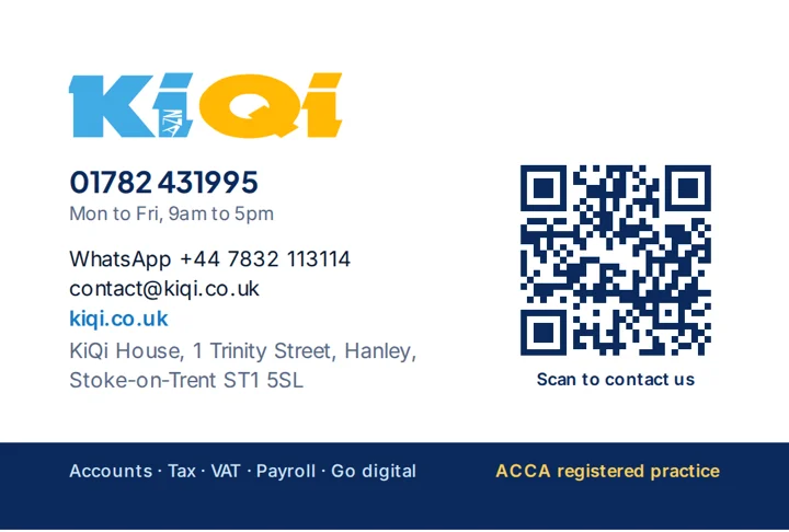 KiQi business card, back: 01782 431995, contact@kiqi.co.uk and our address